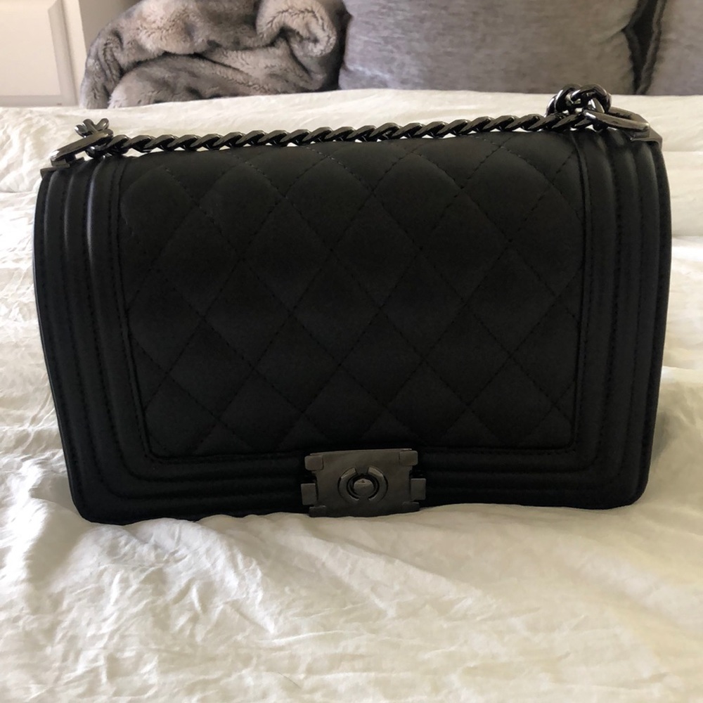 Black leather crossbody bag.